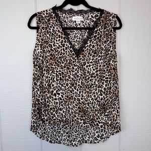 Velvet By Graham Spencer Leopard Animal Print Wrap Sleeveless Top Lace Trim M